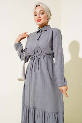 Gizli Yarım Düğmeli Elbise Gri - Tesettür Elbise
