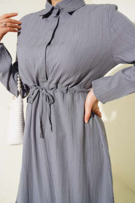 Gizli Yarım Düğmeli Elbise Gri - Tesettür Elbise