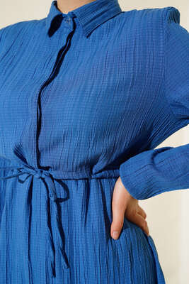 Gizli Yarım Düğmeli Elbise İndigo - Thumbnail