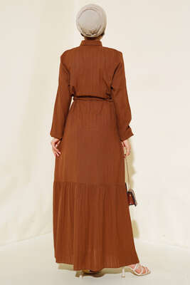 Gizli Yarım Düğmeli Elbise Kahve - Tesettür Elbise