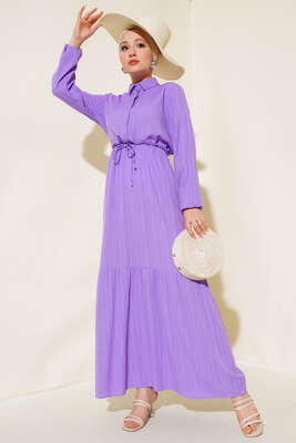 Gizli Yarım Düğmeli Elbise Lila 