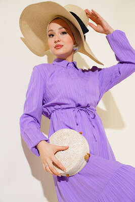 Gizli Yarım Düğmeli Elbise Lila - Tesettür Elbise