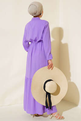 Gizli Yarım Düğmeli Elbise Lila - Tesettür Elbise