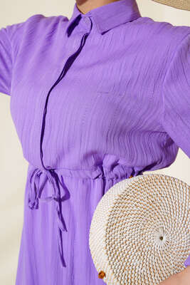 Gizli Yarım Düğmeli Elbise Lila - Tesettür Elbise