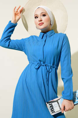 Gizli Yarım Düğmeli Elbise Mavi - Tesettür Elbise