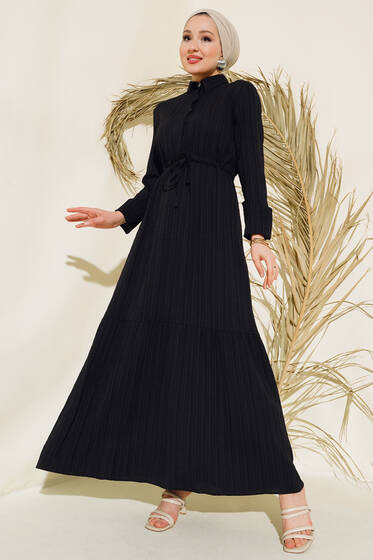 Gizli Yarım Düğmeli Elbise Siyah - Elbise