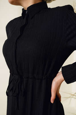 Gizli Yarım Düğmeli Elbise Siyah - Thumbnail