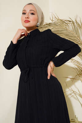 Gizli Yarım Düğmeli Elbise Siyah - Tesettür Elbise