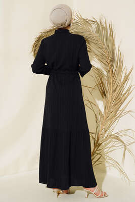 Gizli Yarım Düğmeli Elbise Siyah - Tesettür Elbise