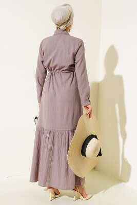 Gizli Yarım Düğmeli Elbise Vizon - Tesettür Elbise