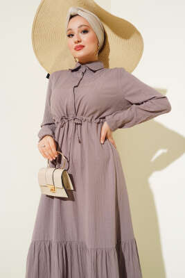 Gizli Yarım Düğmeli Elbise Vizon - Tesettür Elbise