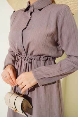 Gizli Yarım Düğmeli Elbise Vizon - Tesettür Elbise