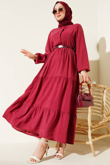 Gizli Yarım Düğmeli Kat Kat Elbise Bordo - Elbise