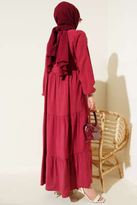 Gizli Yarım Düğmeli Kat Kat Elbise Bordo - Tesettür Elbise