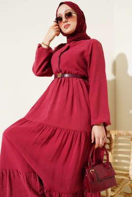 Gizli Yarım Düğmeli Kat Kat Elbise Bordo - Tesettür Elbise
