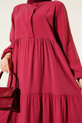 Gizli Yarım Düğmeli Kat Kat Elbise Bordo - Tesettür Elbise