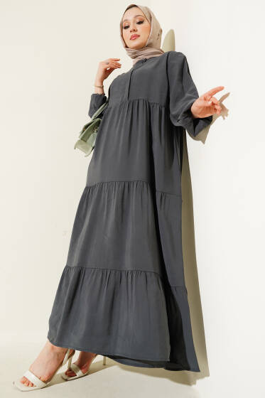 Gizli Yarım Düğmeli Kat Kat Elbise Füme - Elbise