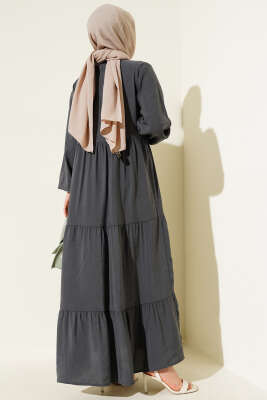 Gizli Yarım Düğmeli Kat Kat Elbise Füme - Tesettür Elbise