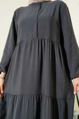 Gizli Yarım Düğmeli Kat Kat Elbise Füme - Tesettür Elbise