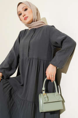 Gizli Yarım Düğmeli Kat Kat Elbise Füme - Tesettür Elbise