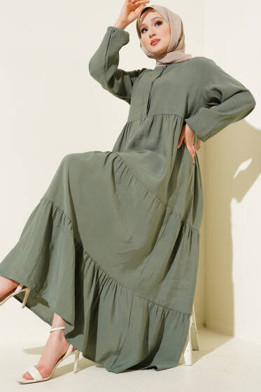 Gizli Yarım Düğmeli Kat Kat Elbise Haki - Elbise