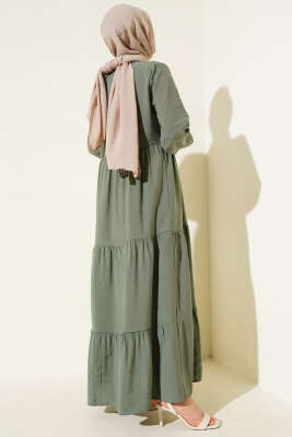 Gizli Yarım Düğmeli Kat Kat Elbise Haki - Tesettür Elbise