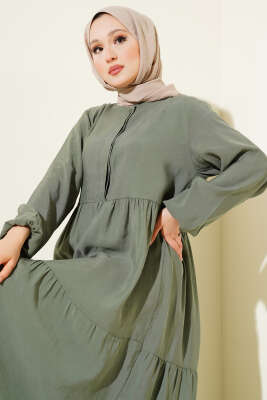 Gizli Yarım Düğmeli Kat Kat Elbise Haki - Tesettür Elbise