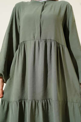 Gizli Yarım Düğmeli Kat Kat Elbise Haki - Tesettür Elbise