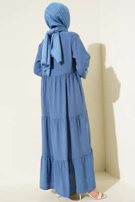 Gizli Yarım Düğmeli Kat Kat Elbise İndigo - Tesettür Elbise