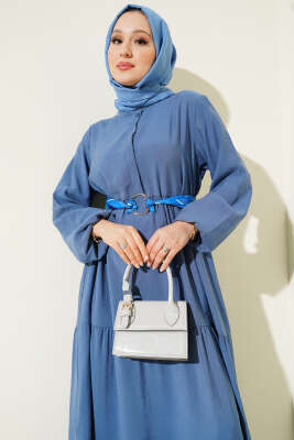 Gizli Yarım Düğmeli Kat Kat Elbise İndigo - Tesettür Elbise
