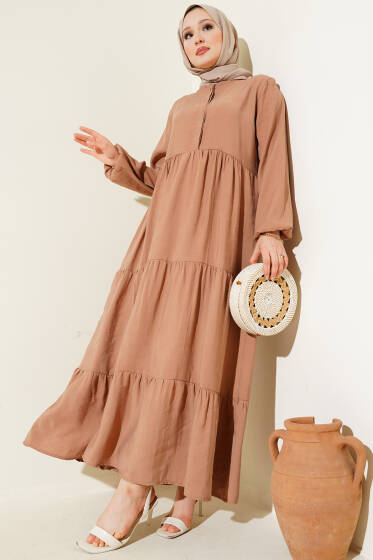 Gizli Yarım Düğmeli Kat Kat Elbise Latte - Elbise