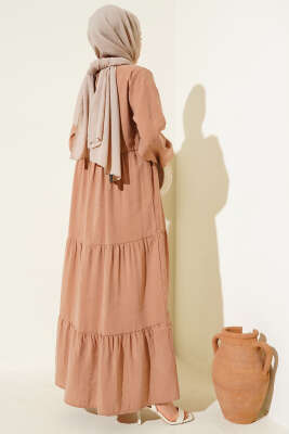 Gizli Yarım Düğmeli Kat Kat Elbise Latte - Tesettür Elbise