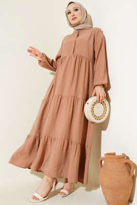 Gizli Yarım Düğmeli Kat Kat Elbise Latte