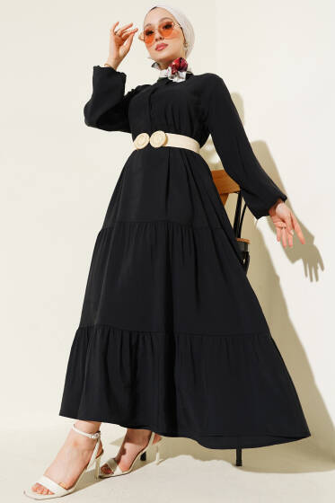 Gizli Yarım Düğmeli Kat Kat Elbise Siyah - Elbise