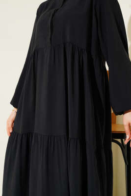 Gizli Yarım Düğmeli Kat Kat Elbise Siyah - Tesettür Elbise