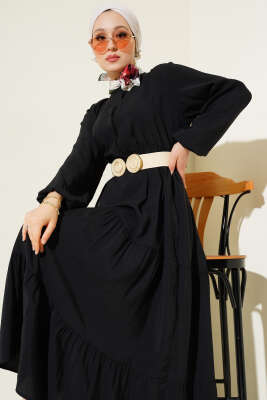 Gizli Yarım Düğmeli Kat Kat Elbise Siyah - Tesettür Elbise