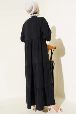 Gizli Yarım Düğmeli Kat Kat Elbise Siyah - Tesettür Elbise