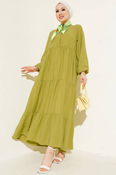 Gizli Yarım Düğmeli Kat Kat Elbise Yağ Yeşili - Elbise