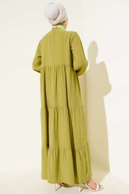 Gizli Yarım Düğmeli Kat Kat Elbise Yağ Yeşili - Tesettür Elbise