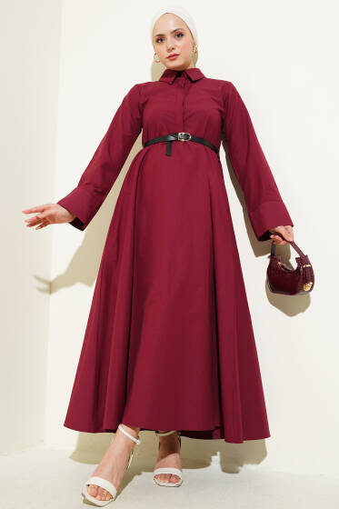 Gizli Yarım Düğmeli Kemerli Poplin Elbise Bordo - Elbise