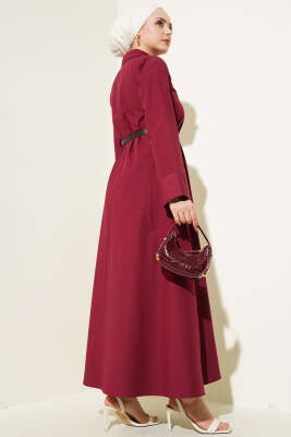 Gizli Yarım Düğmeli Kemerli Poplin Elbise Bordo - Tesettür Elbise