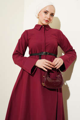 Gizli Yarım Düğmeli Kemerli Poplin Elbise Bordo - Tesettür Elbise