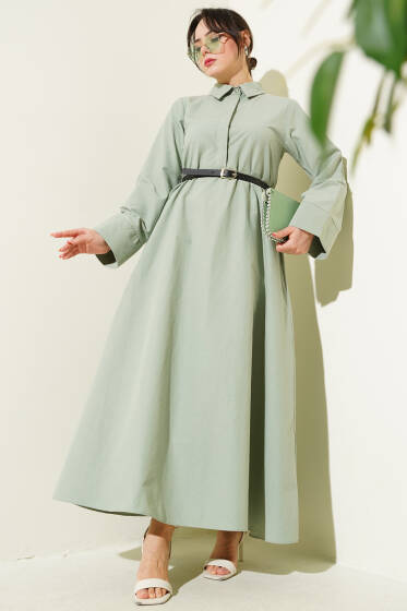 Gizli Yarım Düğmeli Kemerli Poplin Elbise Çağla Yeşili - Elbise