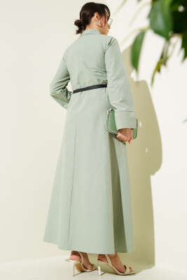 Gizli Yarım Düğmeli Kemerli Poplin Elbise Çağla Yeşili - Tesettür Elbise