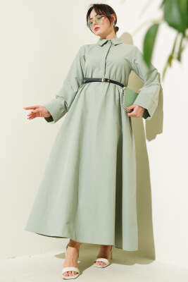 Gizli Yarım Düğmeli Kemerli Poplin Elbise Çağla Yeşili 