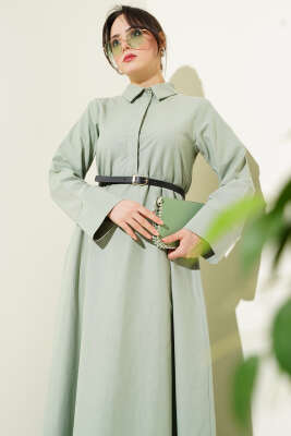 Gizli Yarım Düğmeli Kemerli Poplin Elbise Çağla Yeşili - Tesettür Elbise