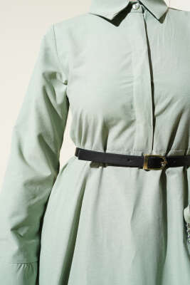 Gizli Yarım Düğmeli Kemerli Poplin Elbise Çağla Yeşili - Tesettür Elbise