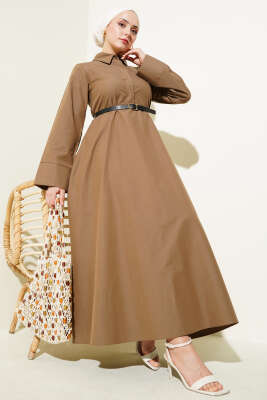 Gizli Yarım Düğmeli Kemerli Poplin Elbise Kahve - Tesettür Elbise