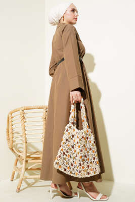 Gizli Yarım Düğmeli Kemerli Poplin Elbise Kahve - Tesettür Elbise