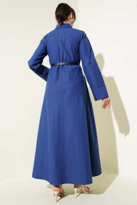Gizli Yarım Düğmeli Kemerli Poplin Elbise Lacivert - Tesettür Elbise